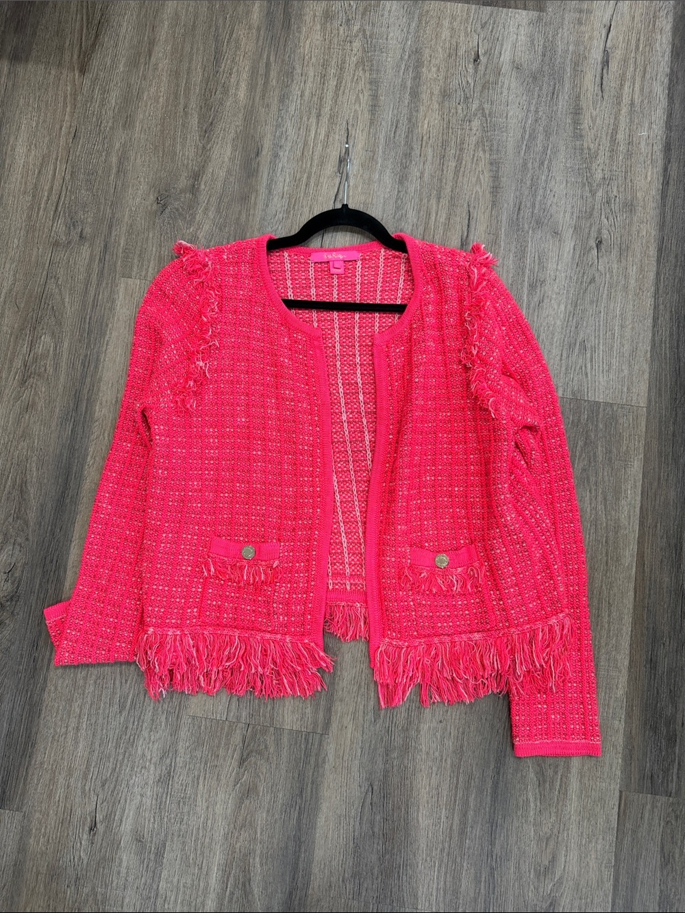EUC Lilly Pulitzer Spicy Coral Exotic Tweed Simora Fringe Cardigan | L - Picture 3 of 6